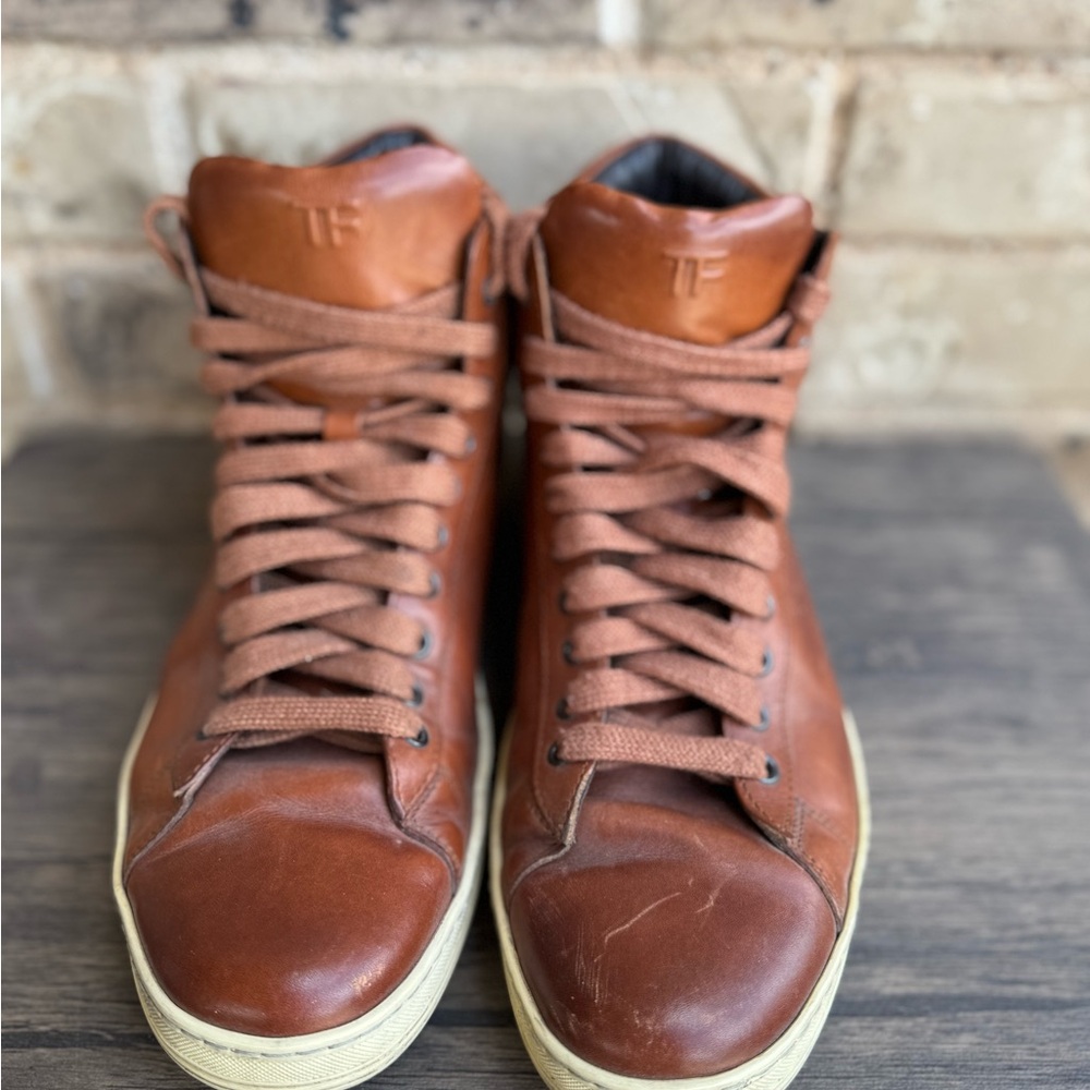 Tom Ford Russell High Top Men's Brown Leather Sneakers size 10 - Picture 2 of 10